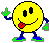 Two yellow smiley face characters with blue limbs and green shoes stand side-by-side against a gray background, each holding a green object in one hand.