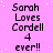 Pixelated text on a pink background with white speckles, repeating 'Sarah Loves Cordell 4 ever!!' in four