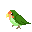 A 4x4 contact sheet of pixel art frames showing a green parrot with orange face and yellow beak in various poses against gray background.