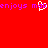 Red background with purple pixelated text 'enjoys m' and a white heart symbol replacing the letter 'o' in 'm', repeated across the frame.