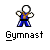 Two identical pixel art gymnast icons displayed in a contact sheet with promotional text for badassbuddy.com, each showing a stick figure in blue pants and brown vest on gray background.