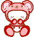 Pixelated cartoon character with closed eyes and pink cheeks wearing a pink bear-eared hat with white flowers, red mittens, and a white diaper-like outfit against gray background.