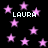 Black background with scattered pink stars and repeated white text 'LAURA' in pixelated font.