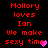 Red pixelated text on black background reads "Mallory loves Ian We make sexy time" with a heart symbol replacing the 'e' in 'time', alternating between pink and purple heart colors.