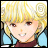 Pixelated anime-style character with blonde hair and red eyes, wearing a blue and maroon outfit, next to black background with white text.