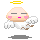 Pixelated angel character with closed eyes, pink cheeks, and white wings on a gray background; yellow halo alternates between solid and broken states.