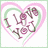 Pixelated heart-shaped icon with layered pink and green outlines enclosing stylized text reading "I love you" in magenta tones.