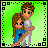 A 6-frame animated contact sheet showing a pixel-art couple embracing with changing text overlays on green backgrounds, framed by black dotted borders.