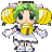 A 6-frame animated contact sheet of a pixel art character with green hair, pink cat ears, and yellow pom-pom accessories in various poses against a gray background.