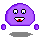 Two purple pixelated characters with blue eyes and black outlines, one showing teeth while the other smiles, both casting gray shadows on a light gray background.