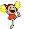 Animated contact sheet of a cheerleader character performing various poses with yellow pom-poms across 15 frames on gray background.
