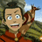 Pixelated anime-style character with brown hair and blue eyes, wearing a red garment over green clothing, holding a small creature against a sky background.
