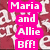 Pixelated image with pink text blocks on a maroon background featuring 'Maria and Allie BFF!' in white lettering.