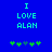 Blue background with cyan text reading "I LOVE ALAN" and five pixelated flower icons below, two of which change color between frames.