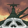 Animated sequence of a skull-shaped structure with dark green spires against an orange sky, showing shifting positions of the spires.