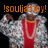 A pixelated figure in a red outfit and silver jacket with raised fists, displaying orange text above the head.