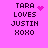 Pixelated text on bright pink background with animated heart and sparkle effects near 'TARA' in four positions