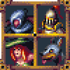 Four pixel-art characters in a grid: blue-haired figure with swirling effect, armored knight, red-haired woman with green hat, and sword-wielding character.