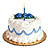 Pixelated birthday cake with white frosting, blue wavy icing lines, and a single candle on top.