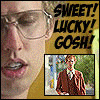repeated showing a person with glasses and text "SWEET! LUCKY! GOSH!" above a smaller inset image of another person in a brown sweater