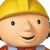 A 2x2 contact sheet of a Bob the Builder character with text panels, showing pixelated animation frames on a gray background.
