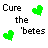 Pixelated text 'Cure the 'betes' with green, pink, and orange heart icons arranged in a on white background