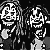 Black-and-white pixelated animation of a cartoon character with long hair, wearing headphones and holding a microphone, performing a head-turning motion.
