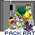 Pixelated cartoon character with green top hat and yellow hair stands in gray doorway, text 'PACK RAT' below.
