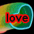 Animated sequence showing three distinct heart-shaped backgrounds with the word 'love' in red text, each background changing sequentially.