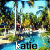 Animated sequence showing a tropical pool scene with palm trees and water, where the text 'katie' changes from black to white on each frame.