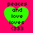 Four identical green heart-shaped icons with black text on a bright pink background, each displaying 'peaces and love loves (333)' in pixelated font.