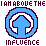 Pixelated blue upward arrow icon with white and dark purple rings, repeated in a pattern above text reading "INFLUENCE"