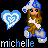 Animated contact sheet showing four frames of a pixel art character with blue-and-white hat, brown hair, white top, and gray pants holding a small animal, accompanied by heart symbols and the text "michelle" on black background.