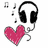 Pixelated icon shows black headphones with a pink heart and musical notes on white background.