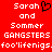 Red background with white pixelated text reading 'Sarah and Somer GANGSTERS foo'lifenigs.foo'lifenigs.' and a black heart symbol replacing 'and' in the left section.
