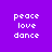 Purple background with white pixelated text reading peace love dance in two vertical , each containing three identical text blocks