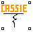 Pixelated orange text "CASSIE" above a black horizontal line with a jagged vertical extension, framed by four corner squares on white background.