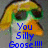 Pixelated cartoon goose head with yellow-orange beak, green eyes, and brown hair; blue text reads "You Silly Goose!!!" on a gray background.