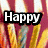 A four- displays birthday-themed visuals with text overlays: 'Happy' over striped background, 'Birthday' over balloons and cake, 'Tissy!' over a cupcake, and empty gray