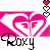 A pink and white heart-shaped graphic with 'Roxy' text below, featuring a small red heart above the top center.