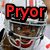 Pixelated image of a person wearing a silver helmet with red accents, mouth open in a smile, and bold red text reading 'Pryor' above the head.