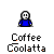 Pixelated character in blue shirt with four distinct poses above text reading Coffee Coolatta on gray background.