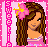 Pixel art buddy icon of a woman with long brown hair wearing a pink flower in her hair and a pink top, framed by a pink border with white dots.