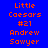 Blue background with orange pixelated text reading 'Little Caesars #21 Andrew Sawyer' in two identical vertical