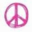 A pixelated peace symbol rendered in shades of pink and magenta against a white background.