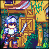 Pixel art character with blue hair and white headband stands before wooden door holding sword, surrounded by greenery and yellow building.