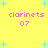 Yellow background with cyan starbursts and pink text reading 'clarinets 07' in four identical quadrants.