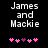 Pixelated text 'James and Mackie' in white on black background with pink heart symbols below, showing animation change between frames.
