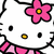 Pixelated white cat face with black eyes and nose, pink flower on head, yellow center dot between eyes, pink bow at bottom.