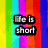A four- displays text phrases over a rainbow striped background with one blank